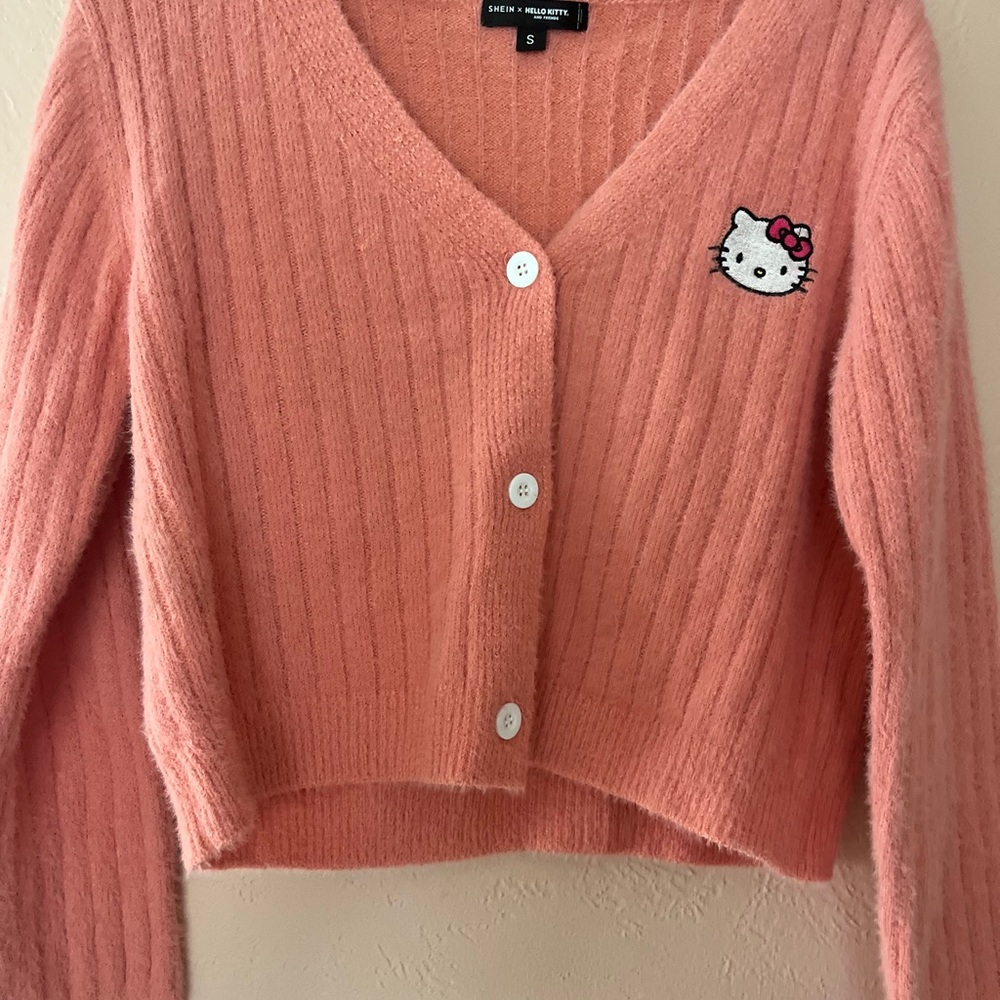 SHEIN Pink Ribbed Knit Cardigan with Hello Kitty Patch